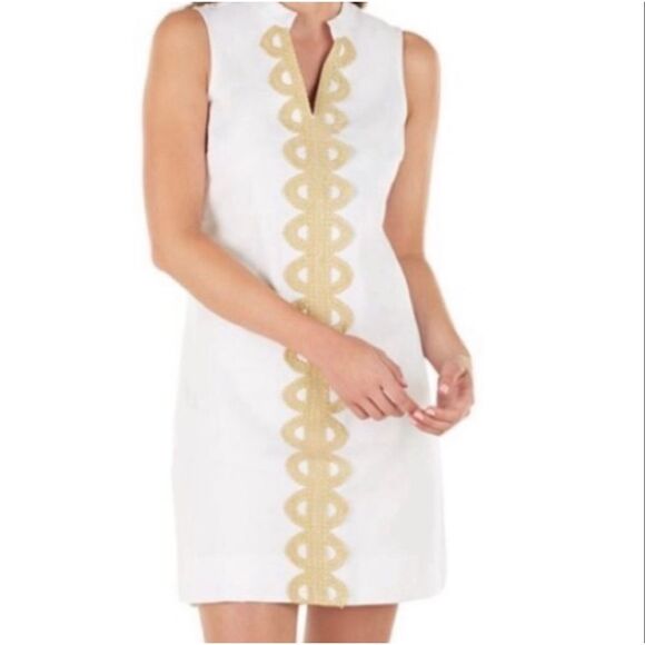 Mudpie Mia white embroidered gold shift dress size small - Picture 2 of 13